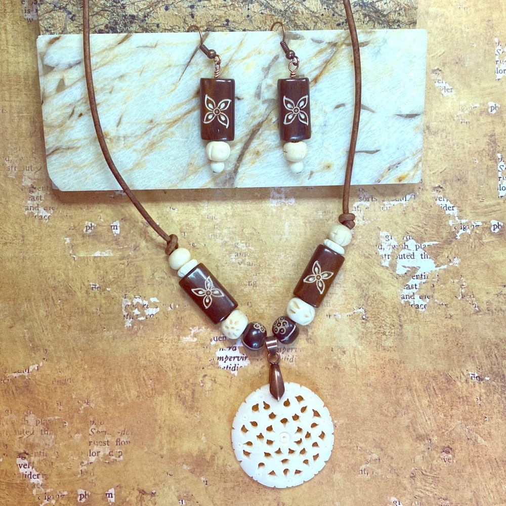 Bohemian Leather & Wood Necklace & Earrings